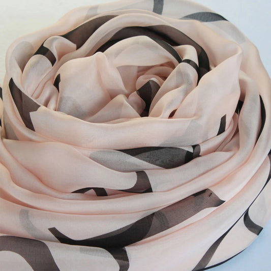 Printed Silk Chiffon Scarf – Abstract – Beige