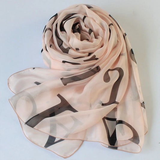 Printed Silk Chiffon Scarf – Abstract – Beige