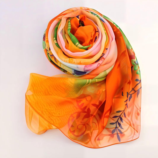 Printed Silk Chiffon Scarf – Orange Floral